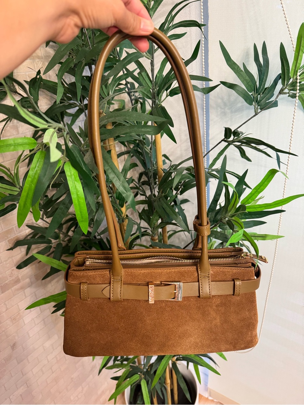 Classic Tan Suede Shoulder Bag with Buckle Detail #y2k #charles&keith